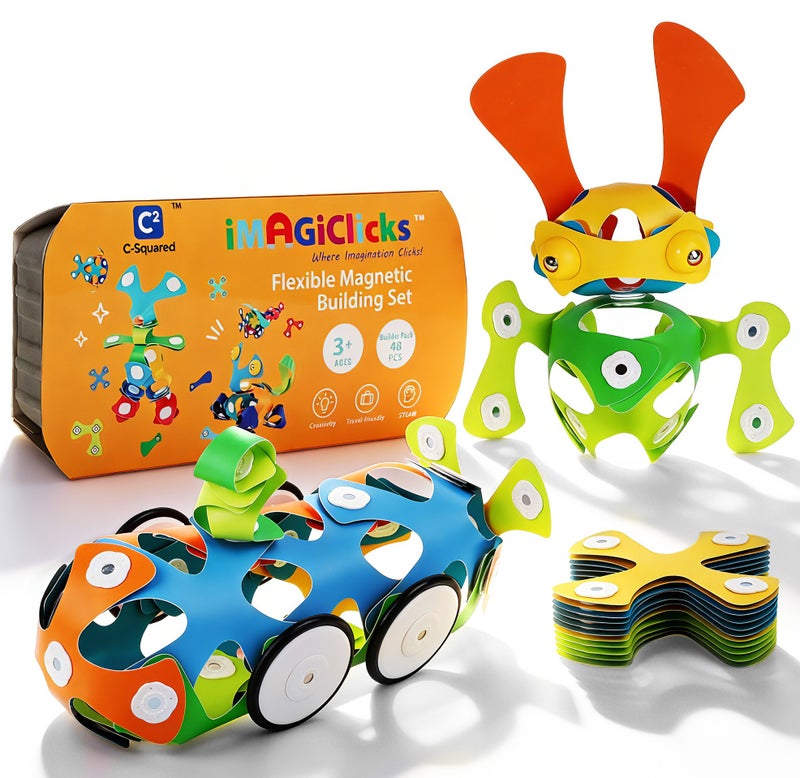 iMAGiClicks Flexible Magnetic Building Set for Kids, Magnetic Building Toys, Bendable Magnetic Tiles, STEM Educational Toy, Strong Magnets, Travel-Friendly Eid Gift, Ages 3+ (BuilderPack, 48 count) - Image 1
